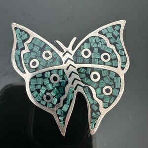 Vtg Large Native Taxco 925 Sterling Silver Inlay Turquoise Butterfly Brooch 13g